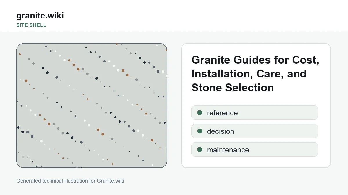Granite Guides for Cost, Installation, Care, and Stone Selection technical illustration showing granite samples, geology notes, quote checks, and care cards in a reference workspace